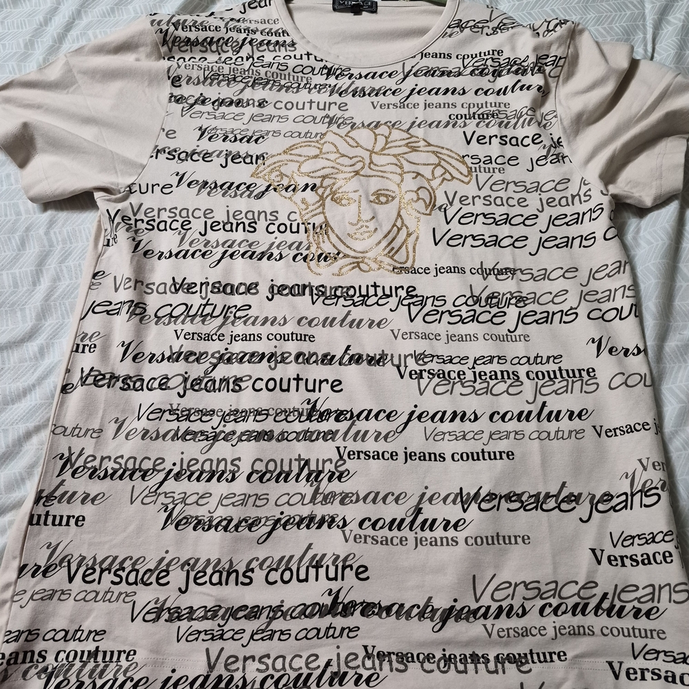 Versace Jeans Collection Cream Tee with Black Script and Gold Medusa
